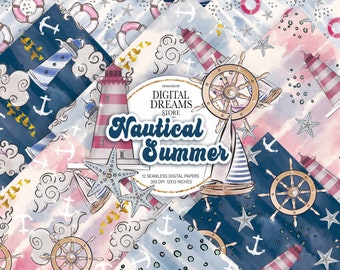 Papel digital de verano náutico, mar elegante, océano submarino, rayas de velero marinero, faro, ancla, patrones de superficie sin costura, diseño de tela