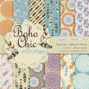 Tribal Digital paper: "BOHO CHIC DREAMS" with mandala background - boho - hamsa hand texture - tribal feather - tribal arrow