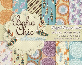 Tribal Digital paper: &quot;BOHO CHIC DREAMS&quot; with mandala background - boho - hamsa hand texture - tribal feather - tribal arrow