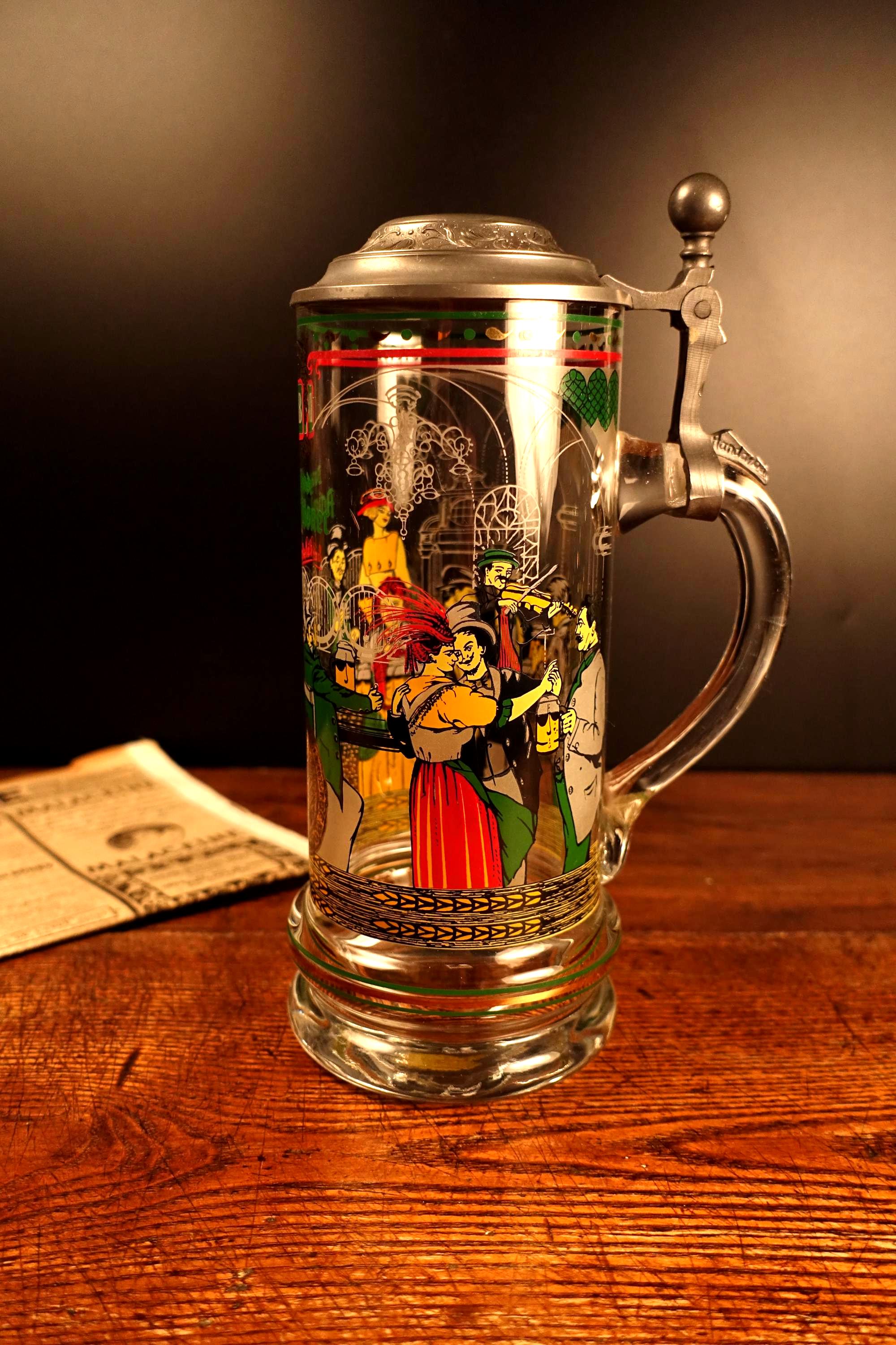 ビンテージドイツビールジョッキグラス、ピューター蓋付き 700ml