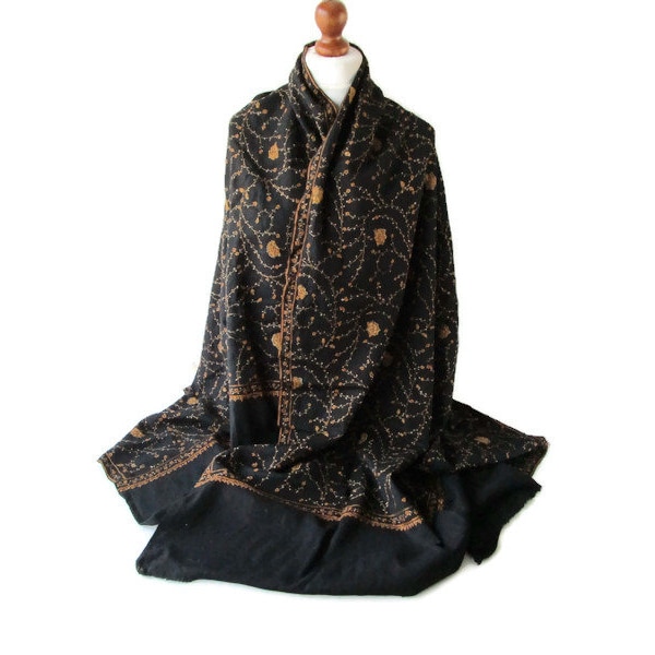 Hand Embroidered Fine Wool Scarf Large Wool Wrap Shawl Black with Rust Brown Floral Hand Embroidery Small Flowers Vintage Accessories