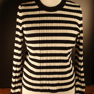 Y2K Vintage Striped Long Sleeve T- Shirt Striped Shirt Nautical Top Sailor Shirt Striped Tshirt Womens  Black White Stripes Size L