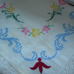 Handcrafted Vintage Linen Tablecloth With Crouched Trim And Cross Stitched Flower Design Scandinavian Folk Art