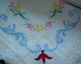 Handcrafted Vintage Linen Tablecloth With Crouched Trim And Cross Stitched Flower Design Scandinavian Folk Art