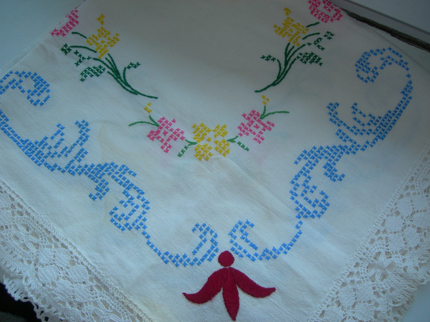 Handcrafted Vintage Linen Tablecloth With Crouched Trim And Cross Stitched Flower Design Scandinavian Folk Art
