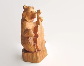 60s Vintage Hand Carved Wooden Bear Figurine Wood Bear Statue Bear Sculpture with Musical Instrument Collectible Folk Art