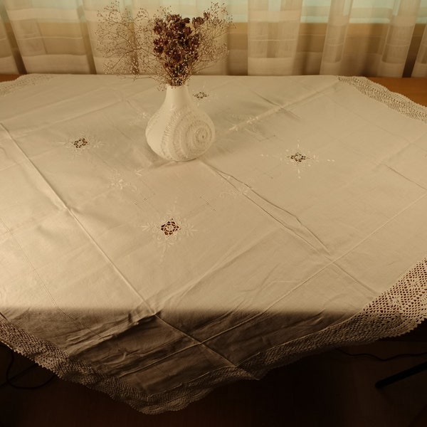 Fine Hand Embroidered Square White Linen Tablecloth White Work Cut Out Hand Crochet Lace trim Vintage Table Linens Shabby Chic Wedding