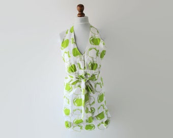 100% Linen Apron Pinafore Pure Linen Full Apron White Green Apple Fruit Patterned Apron Women's One Size Finnish design Made in Finland