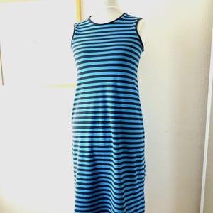 90s Vintage Marimekko Finland Dress VTG Sleeveless Blue Striped Pattern Scandinavian Finnish Design Cotton Jersey Size M Medium