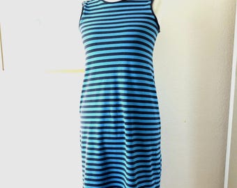 90s Vintage Marimekko Finland Dress VTG Sleeveless Blue Striped Pattern Scandinavian Finnish Design Cotton Jersey Size M Medium