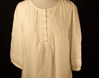 Bestickte Bauern Bluse, Baumwolle Seide Creme Weiß Boho Bluse, Leichte Sommer Bluse Y2K Vintage, Größe XL, UK18 EUR46