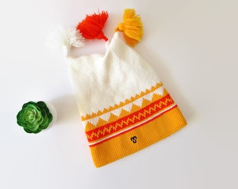 90er Vintage Strick skandinavisch Mütze Sami Style Finnland Hut Weiß Gelb Orange Wintermütze Herren Hut Frauen Hut Ski Hut Made in Finland