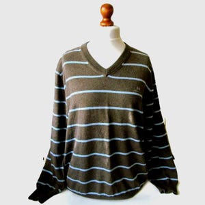 Könnte beinhalten: Ein brauner Langarmpullover mit V-Ausschnitt und hellblauen Querstreifen. Das Kleidungsstück hat einen gerippten Kragen, Bündchen und Saum sowie ein kleines gesticktes Logo im oberen linken Brustbereich, präsentiert auf einem Schaufensterpuppen-Torso.