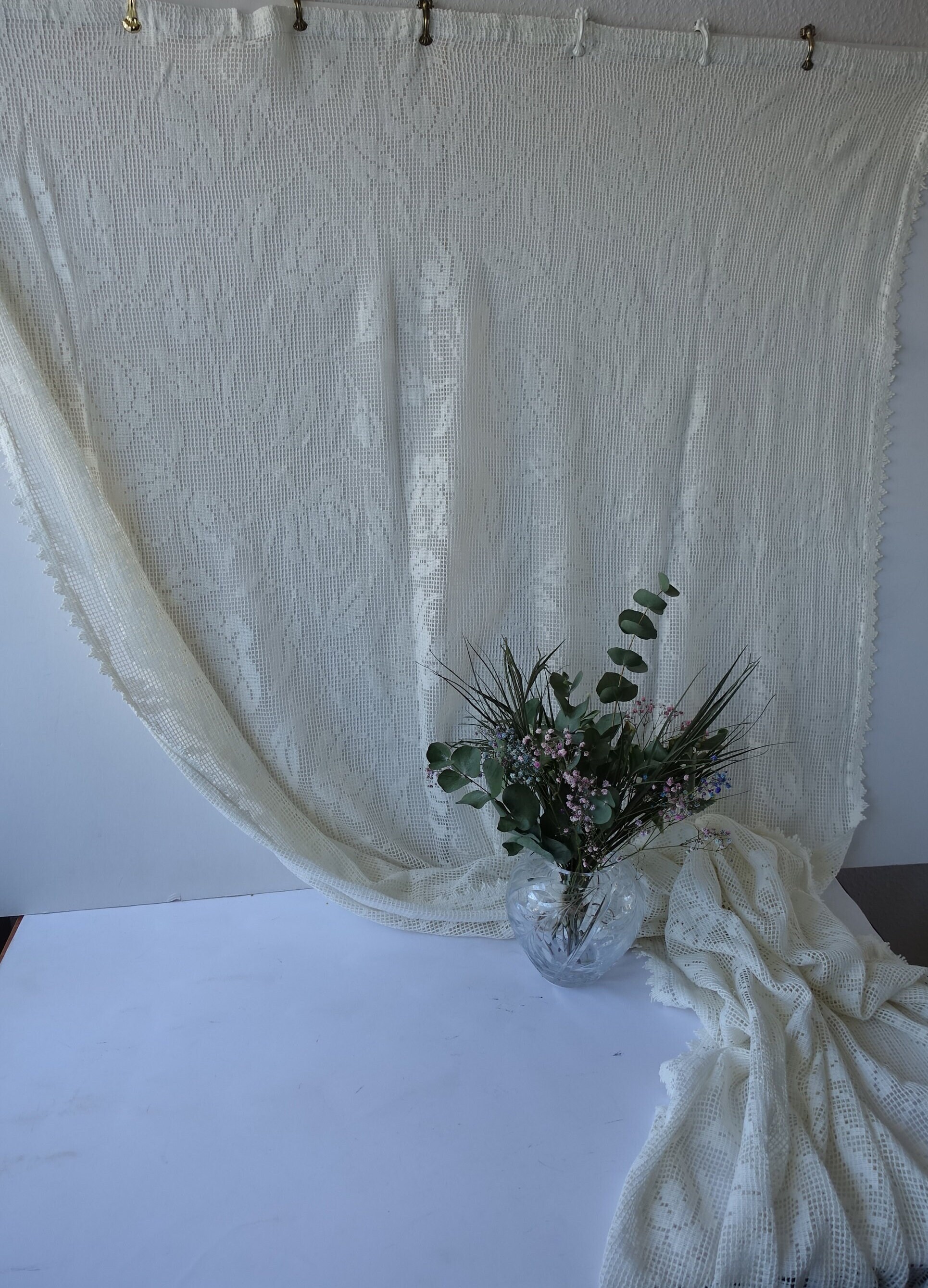 ヴィンテージ フレンチ ホワイト コットン レース カーテン