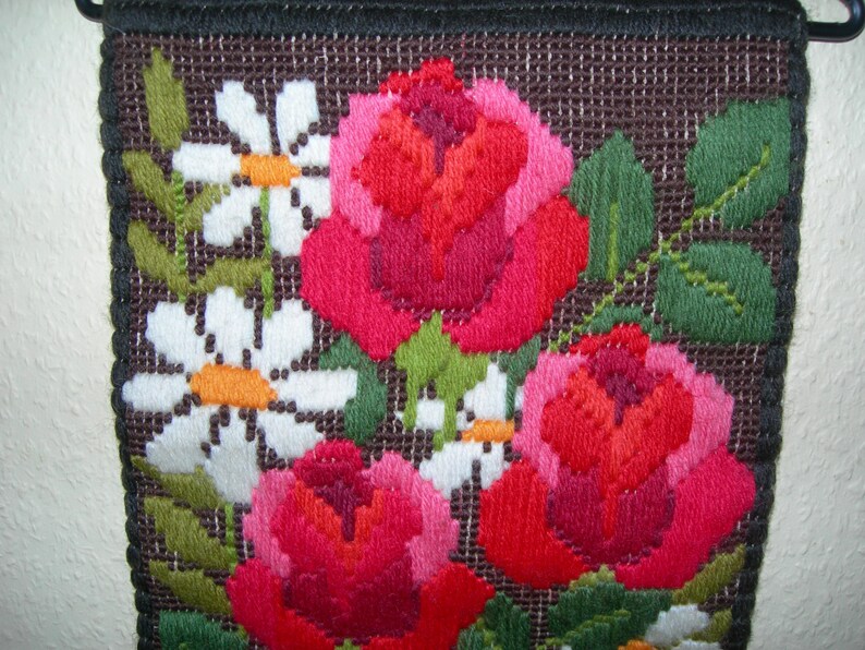 Gorgeous Vintage Handmade Swedish Scandinavian Floral Wall Hanging Hand Stitched Embroidery Country Folk art Home Decor Made in Sweden