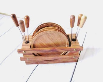 Vintage olijfhouten onderzetter set van 6 met houder, ronde houten onderzetters rustiek natuurlijk