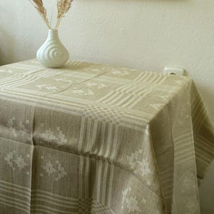 Woven Baltic Linen Tablecloth 77&#39;&#39;X 52&quot; Large Size Beige Vintage NOS Floral Double Sided Natural Rustic Kitchen Dining Table Made in Finland