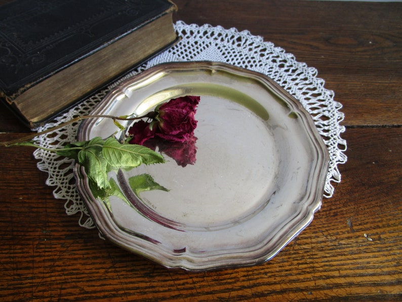 Swedish Vintage Round Metal Tray Silver Plated Serving Tray Plate Antique Scandinavian Sweden Norway Shabby Chic Home Decor Wedding Decor image 1