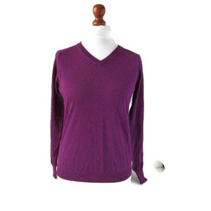 Norwegen &quot;Brandsdal&quot; Merino Wolle Pullover Herren Kleidung 90er Vintage Lila Pullover leicht V-Ausschnitt Freund Geschenk Größe Klein bis Mittel