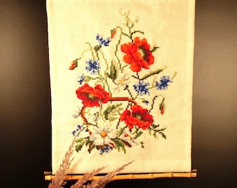 Gorgeous Vintage Handmade Swedish Scandinavian Floral Wall Hanging Hand Stitched Embroidery Country Folk Art Home Décor Made in Sweden