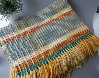 Natural Wool Throw Blanket 79"x46" Blue Yellow Pure Woolen Hand Woven Throw Vintage Swedish Scandinavian Home Décor Bedspread Gift Idea