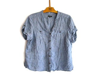 Vintage 100% Linen Shirt Button Up, Short Sleeve Blue Blouse, Size: US 14, EUR 44, UK 16