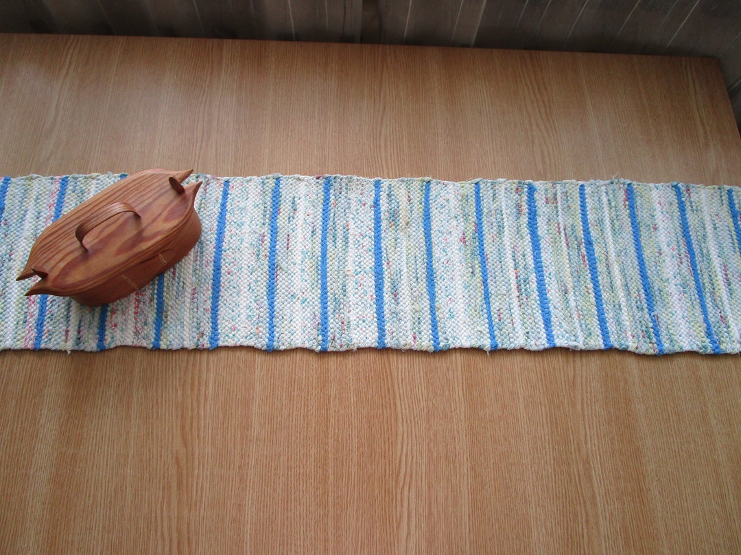Swedish Vintage Rag Rug Table Runner Woven Rag Rug Striped Rug Blue