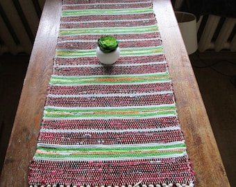 Swedish Vintage Rag Runner Woven Rag Rug Striped Burgundy red yellow green White Rug Woven Scandinavian handmade rustic Table runner