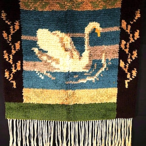 60s Vintage Scandinavian Hand Woven Tapestry Bird Swan Pattern Wool Wall Hanging Mid Century Modern Nordic Home Décor Fiber Art