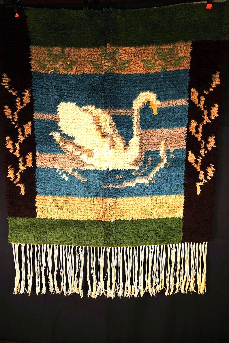 60s Vintage Scandinavian Hand Woven Tapestry Bird Swan Pattern Wool Wall Hanging Mid Century Modern Nordic Home Décor Fiber Art