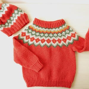 Hand Knitted Baby Jumper and Hat Set. Scandinavian Nordic Icelandic Wool Sweater Baby Girl Vintage Style Orange Coral Hand Knitted Gift