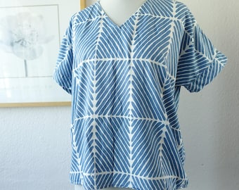 Vintage Marimekko Blue Top Patterned Blouse Simple Casual Everyday Summer Shirt V-neck Short Sleeve Loose Fit Oversize Fits Women's size S-M