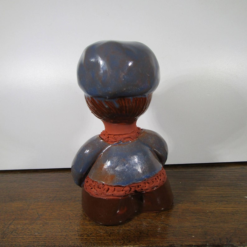 Charming hand made hand painted ceramic Boy figurine Swedish vintage ceramic pottery glazed figurine Blue and brown Collectible figurines
