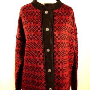 Norwegian Cardigan Nordic Sweater Women's Wool Handmade Traditional Red Black Warm Winter Jacket Christmas Gift For Her Medium - XL