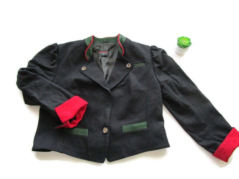Vintage Black Wool Blazer . Trachten Jacket Enzian Oktoberfest Bavarian Look Country Style Austrian Alps Alpine Austria Tirol EUR 42, Medium