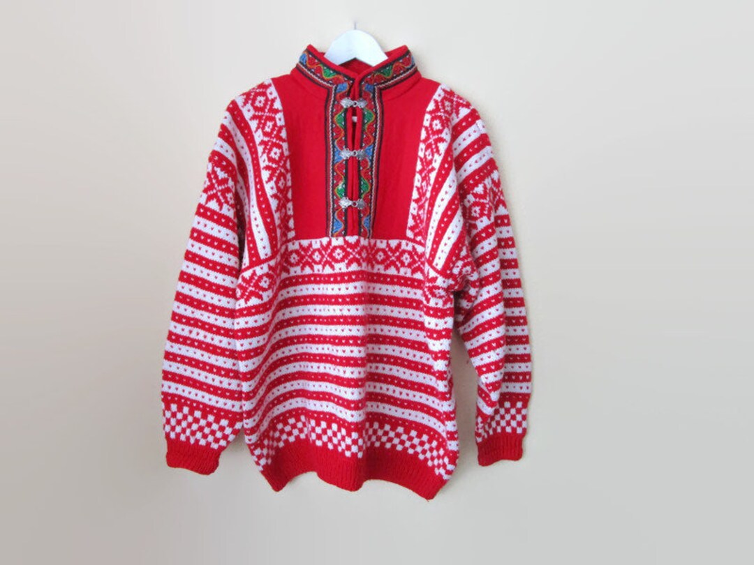 Vintage Hand Knitted Viking Norwegian Sweater Nordic Wool Jumper Ski
