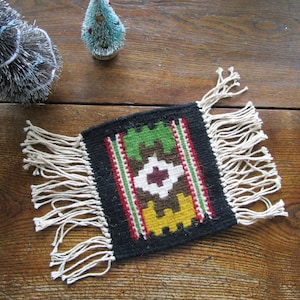 Vintage Mini Wool Southwest Table Runner Mexican Table Runner Green White Black Wool Mid Century Modern Table Topper Housewarming Gift