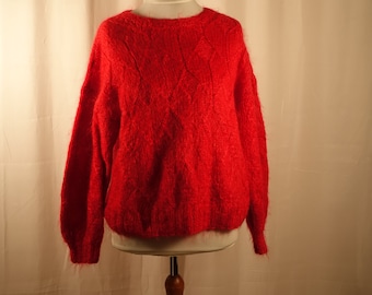 Fabulous MOHAIR Wool Sweater Red Hand Knit Vintage Warm Pullover Knitted Jumper Women's Size Medium Christmas gift for her Girlfriend gift