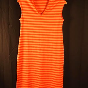 Original Marimekko Finland Dress Sleeveless Orange Striped Pattern Scandinavian Finnish Design Cotton Jersey Size S Small Woman Great cond.