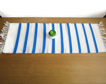 Long Swedish Vintage Table Runner Blue White Striped Rug Rag Runner Handmade Woven Table Topper Scandinavian Décor Farmhouse Style