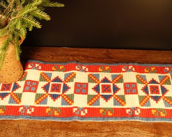 Vintage Swedish Wool Table Runner Blue White Red Table Runner Table Topper Scandinavian Vintage Table Linens Geometric Design MCM Fall Décor