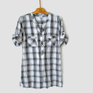 Damen Karierte Bluse Y2K Vintage Kurzarm Western Shirt Kariert Tunika Schwarz Weiß Top Casual Top Cowgirl Top Button up Größe Medium EU 42