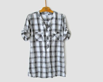 Vrouwen geruite blouse Y2K vintage western shirt met korte mouw geruite tuniek zwart witte top casual top cowgirl top button-up maat medium EU 42