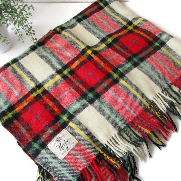 Manta de campamento de lana vintage tartán pagado con flecos 49'' x 78'' HABO manta sueca, manta de tartán a cuadros escandinavo de lana tejida manta roja
