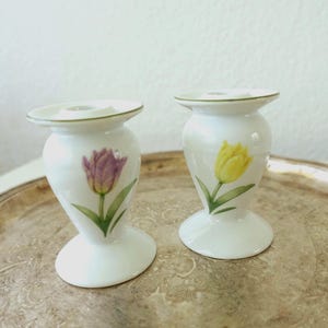 Pair 80s Vintage Candlestick Scandinavian Studio Design set of 2 Candle Holders with Tulips Spring Flowers Fyrklovern Sweden Porcelain