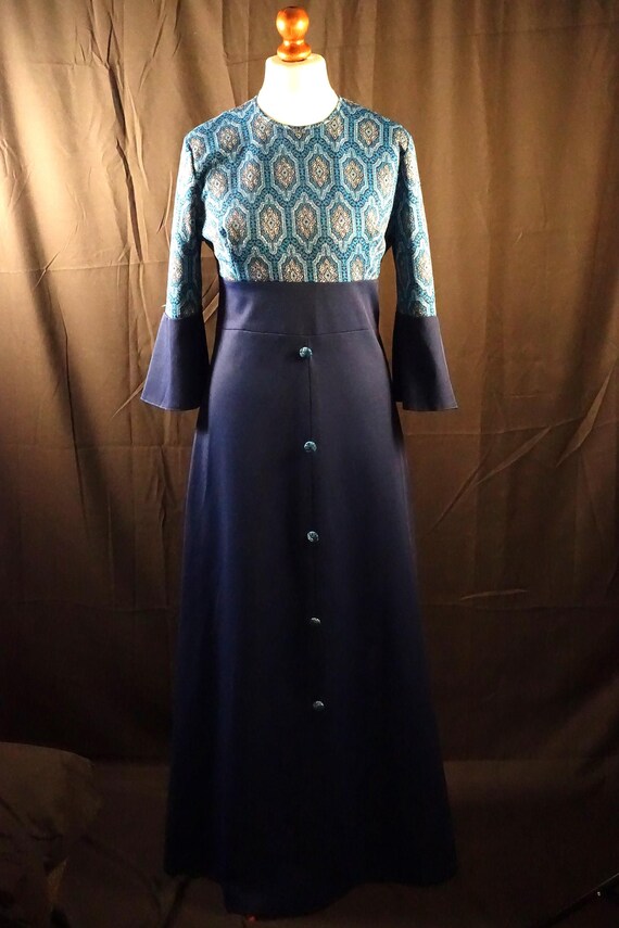 Vintage 60s Ranett Modeller Maxi Dress - Blue Silver Jacquard, Size M-L