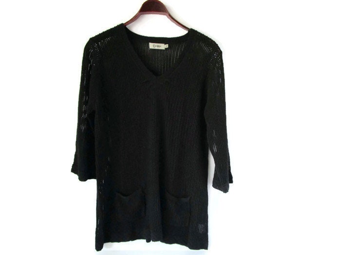 【Vintage】90s 00s Vneck Black Knit 90s Vintage Sweater Black Mesh V Neck Pullover Textured Knit