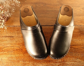 Traditional Swedish Wooden Clogs 90s Platform Shoes Vintage Wooden Clog Black Leather Wood Hand Made Made in Sweden Unisex Eur42 UK 8 US W11