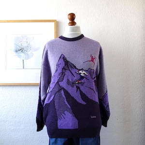 Vintage 90s IVANHOE Wool Blend Ski Sweater – Purple Mountain Pullover Knit Jumper Women's (Size M)