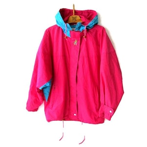 90s Ski Jacket Ski Parka  Skiing Jacket Colorful Neon Pink Blue Sportwear Skiwear Woman&#39;s Winter Puffer Parka Active-wear Hipster Size S - M